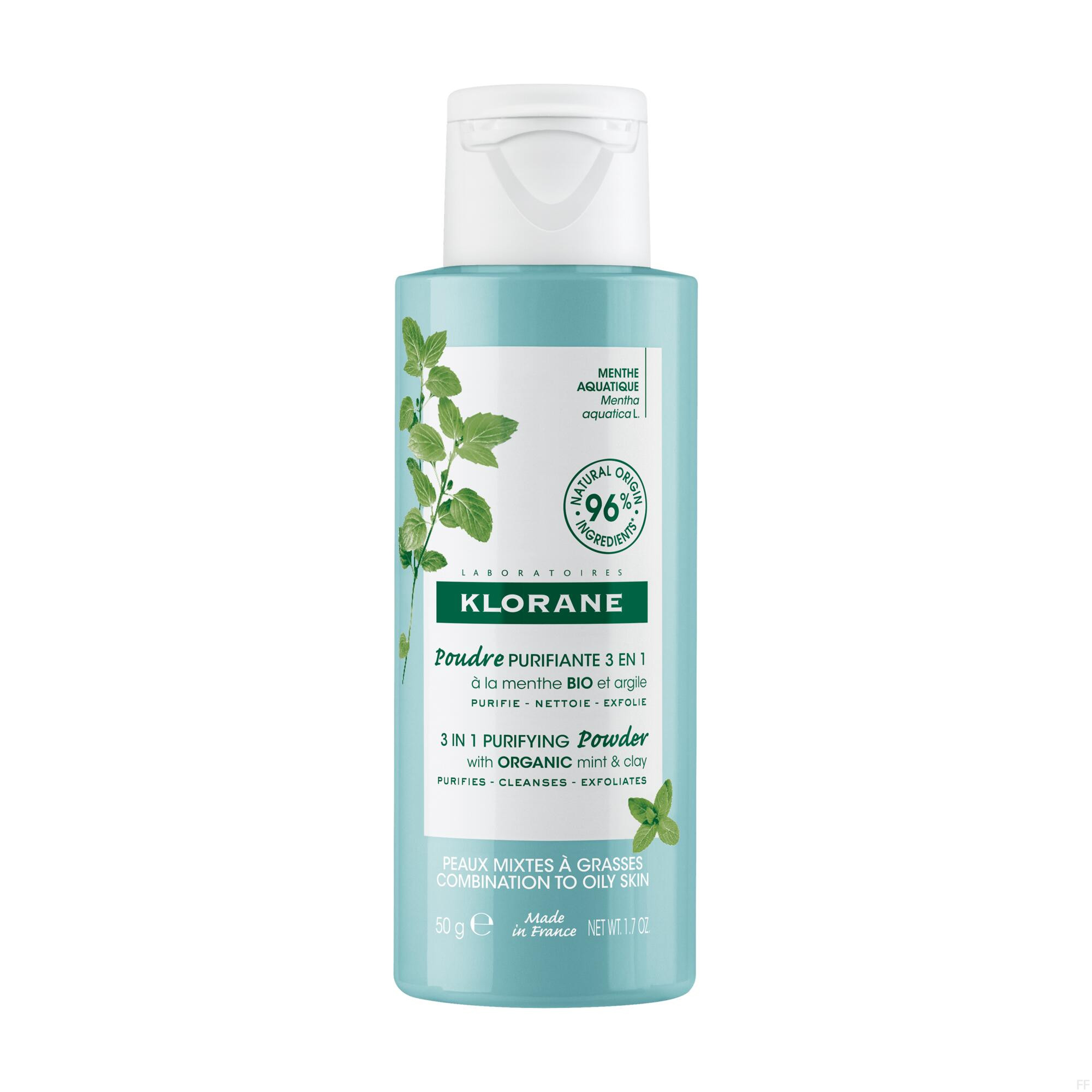 Klorane Polvo purificante facial 3 en 1 a la Menta BIO y arcilla 50 g